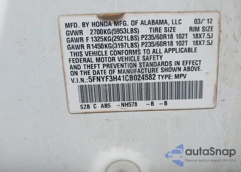 2012 Honda Pilot Ex from USA, damaged, VIN 5FNYF3H41CB024582